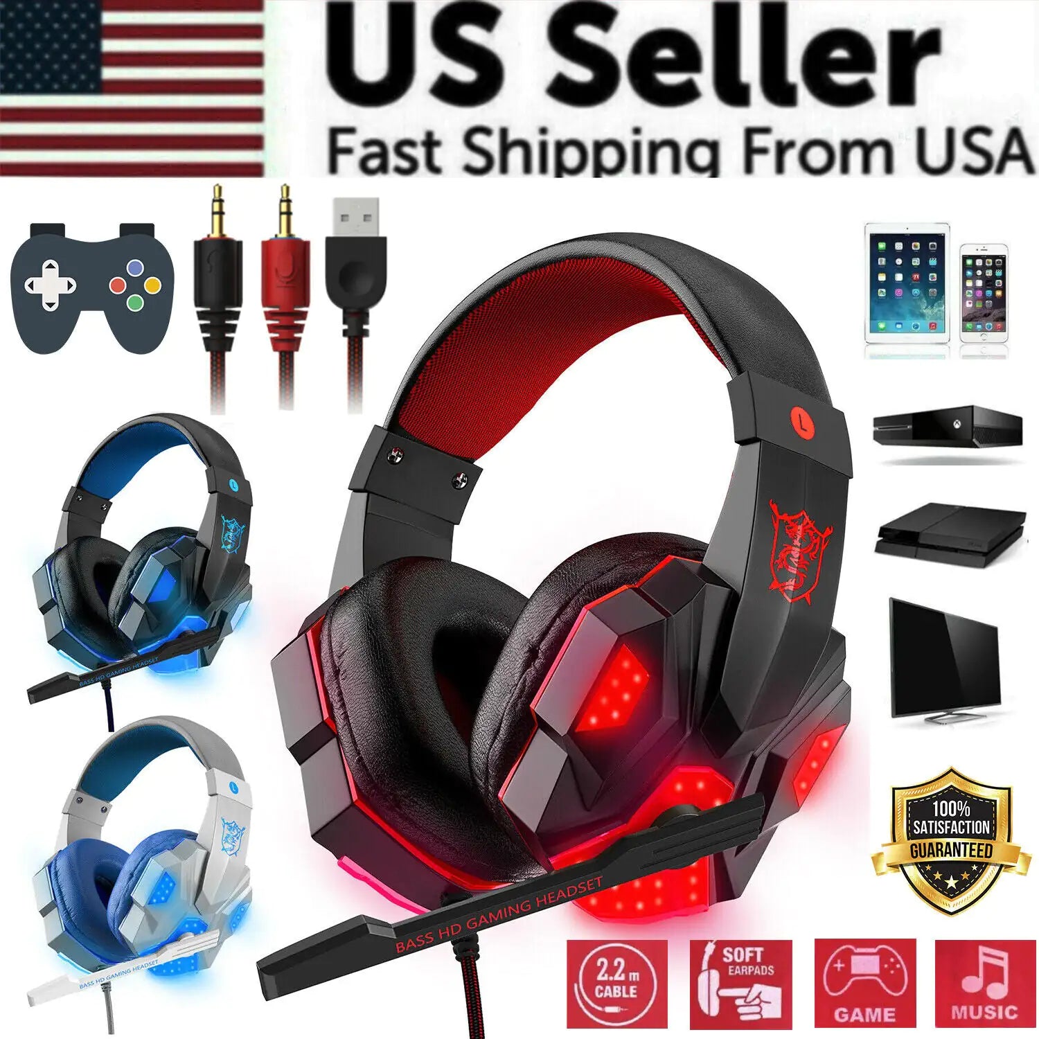 3.5mm Gaming Headset Mic LED Headphones Stereo Bass Surround For PC PS4 Xbox One - P's One-Stop Shop 