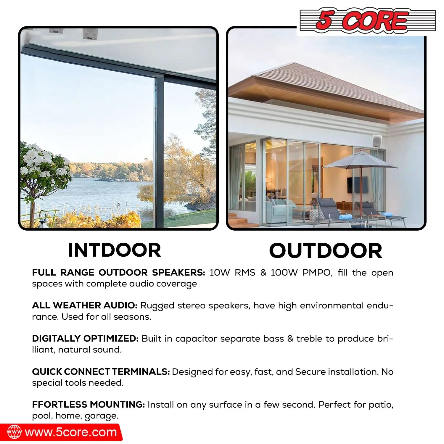 5Core Outdoor Speakers Stereo In Wall 100W Peak Passive Home Audio System - P's One-Stop Shop 
