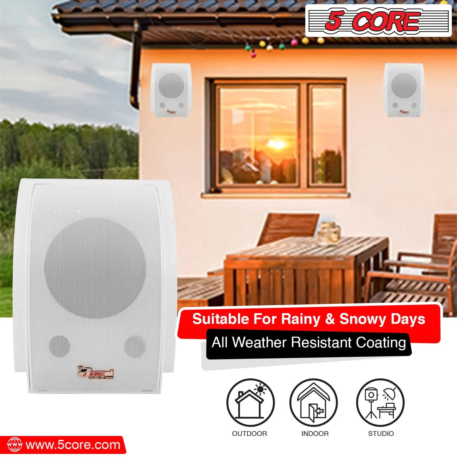 5Core Outdoor Speakers Stereo In Wall 100W Peak Passive Home Audio System - P's One-Stop Shop 