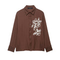 Autumn Women Clothing Commuting Loose Casual Polo Collar Floral Texture Long Sleeve Shirt - P's One-Stop Shop 