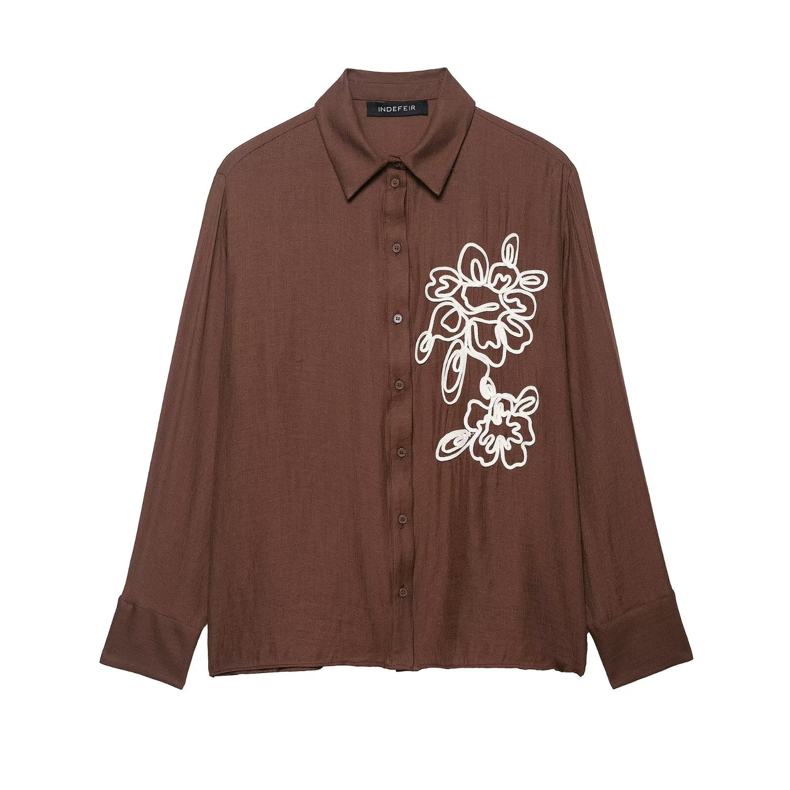 Autumn Women Clothing Commuting Loose Casual Polo Collar Floral Texture Long Sleeve Shirt - P's One-Stop Shop 