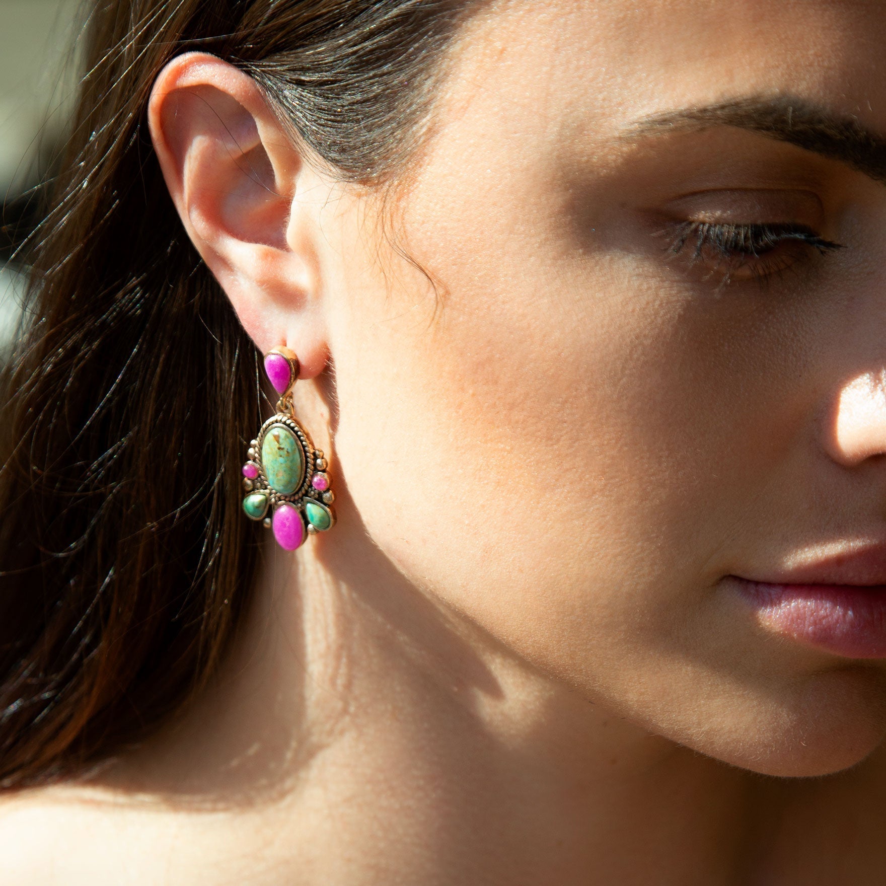 Barcelona Blue Turquoise and Pink Agate Golden Drop Earrings - P's One-Stop Shop 