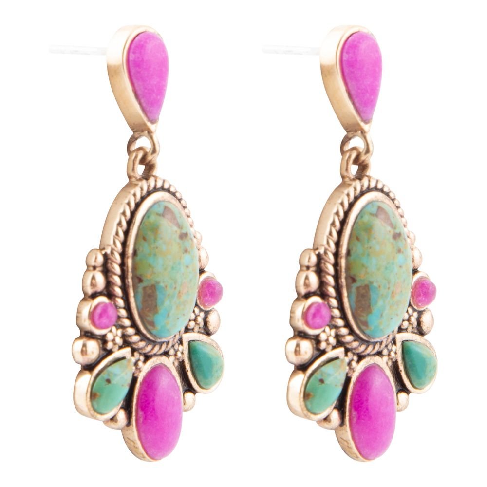 Barcelona Blue Turquoise and Pink Agate Golden Drop Earrings - P's One-Stop Shop 