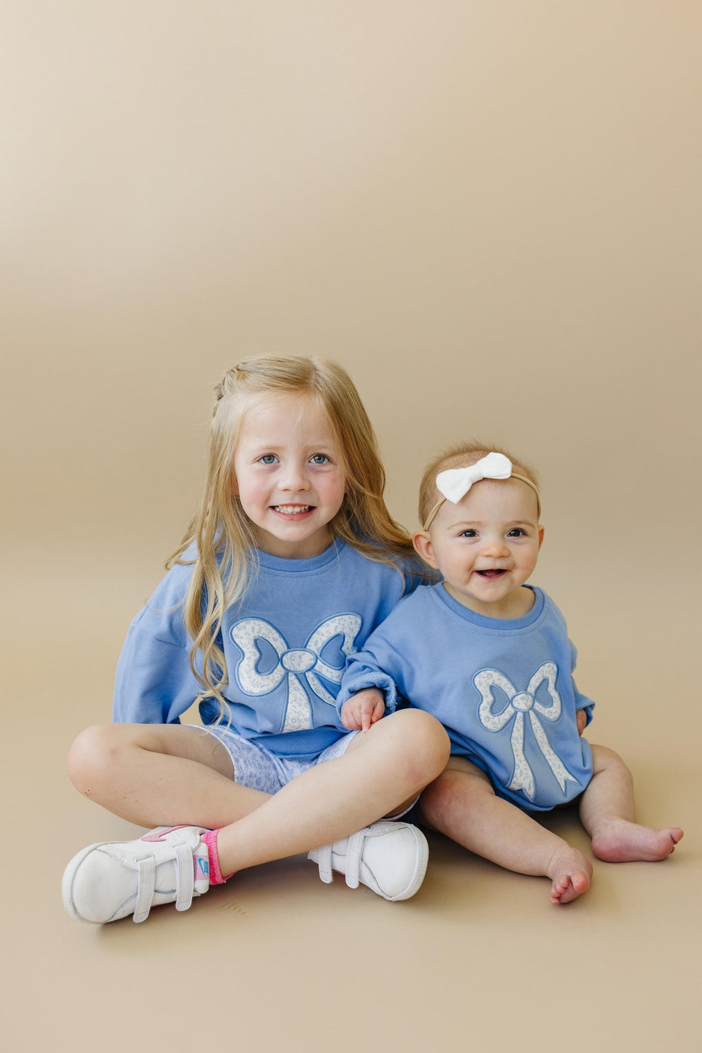 Blue Toile Applique Bow: Baby Sweatshirt Romper or Crewneck - P's One-Stop Shop 