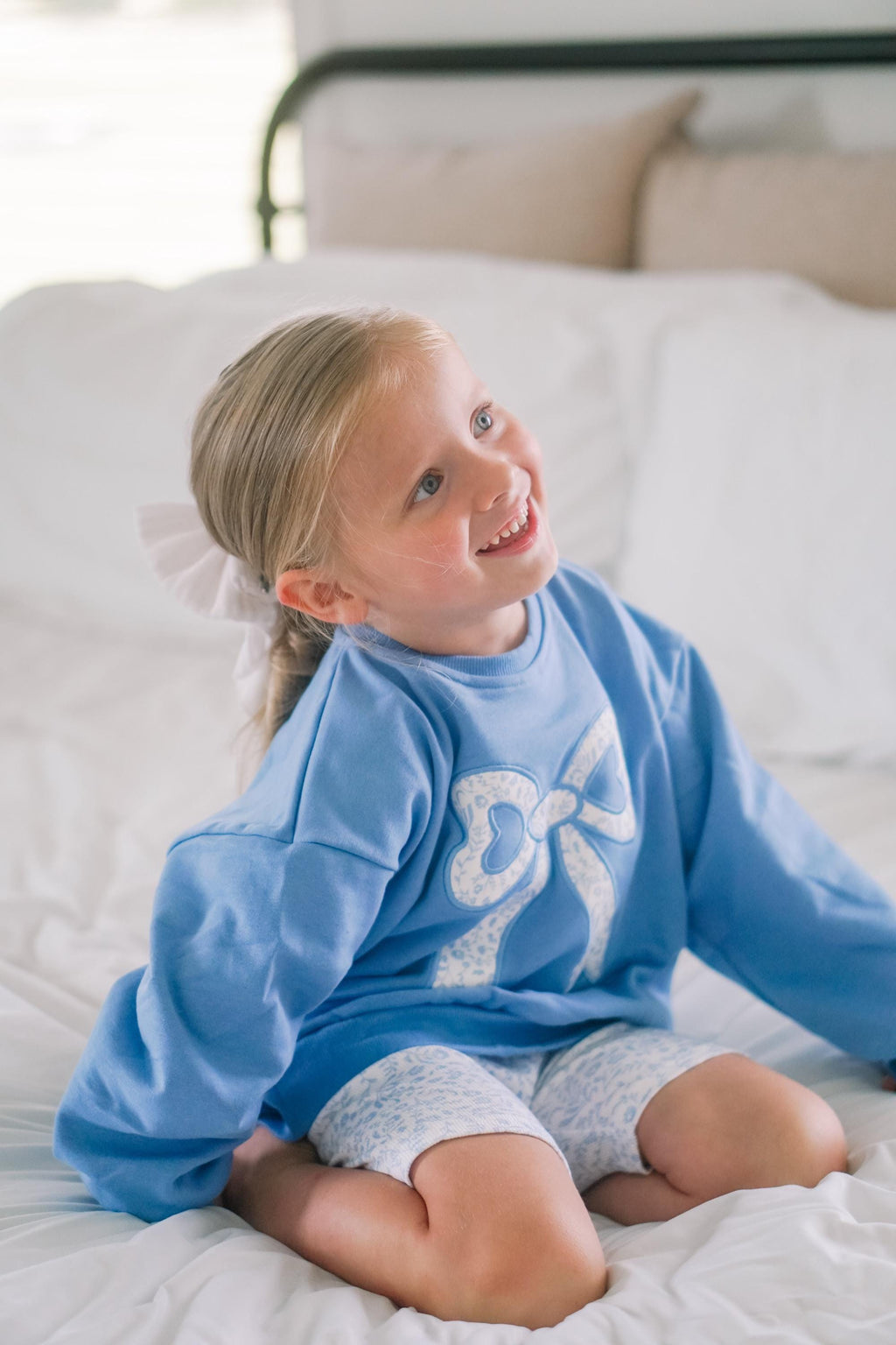 Blue Toile Applique Bow: Baby Sweatshirt Romper or Crewneck - P's One-Stop Shop 
