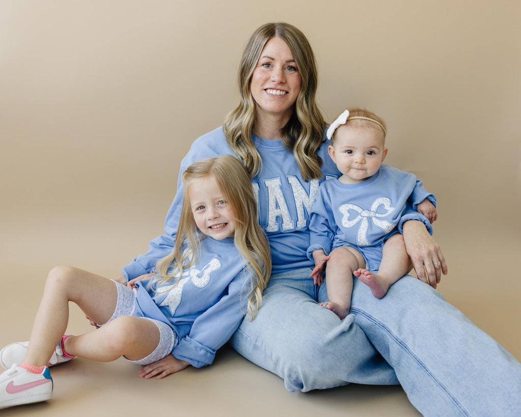 Blue Toile Applique Bow: Baby Sweatshirt Romper or Crewneck - P's One-Stop Shop 