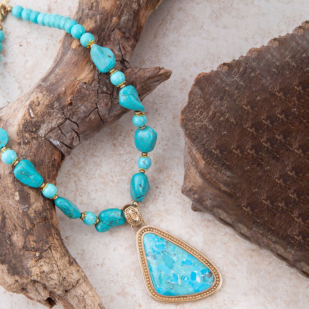 Blue Turquoise Triangle Golden Pendant Necklace - P's One-Stop Shop 