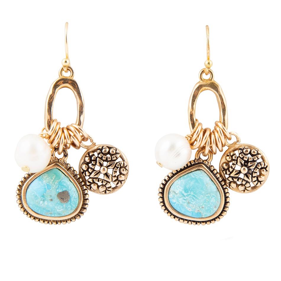 Blue Turquoise and White Pearl Multi Charm Golden Charm Earrings - P's One-Stop Shop 