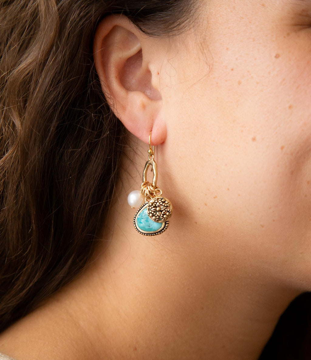 Blue Turquoise and White Pearl Multi Charm Golden Charm Earrings - P's One-Stop Shop 