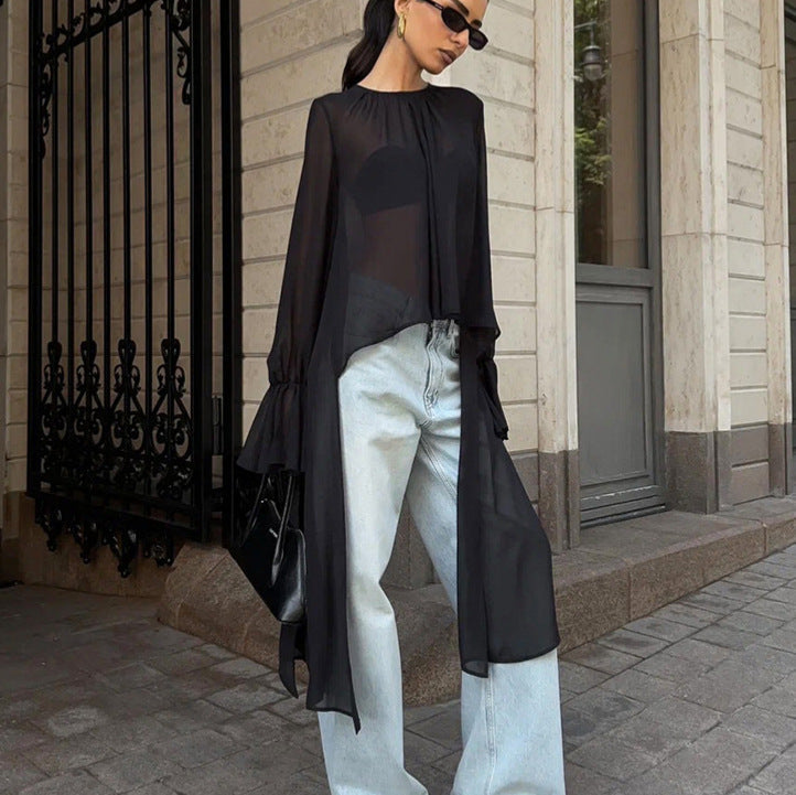 Chiffon Shirt Women Black Mesh Irregular Asymmetric Niche Design round Neck Ruffle Sleeve Long Sleeve Top - P's One-Stop Shop 