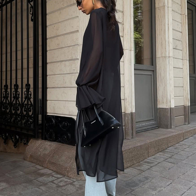 Chiffon Shirt Women Black Mesh Irregular Asymmetric Niche Design round Neck Ruffle Sleeve Long Sleeve Top - P's One-Stop Shop 