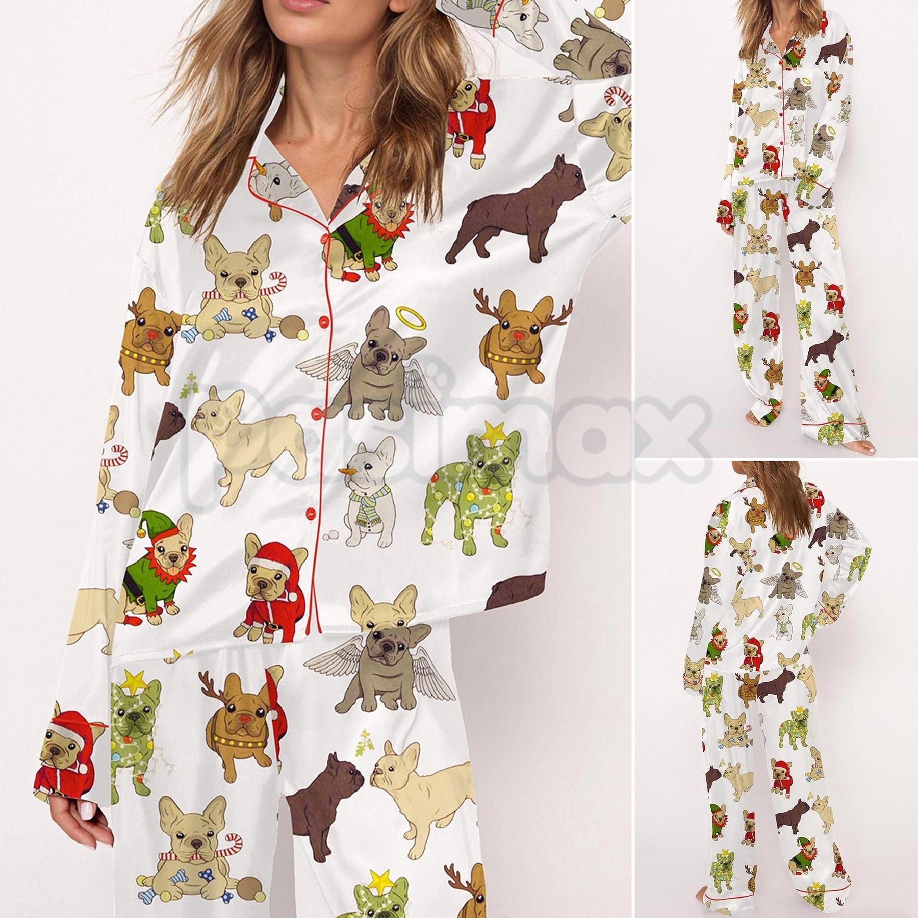 Christmas French Bulldog Satin Pajama Set for Women - Comfy Silky Sleepwear & Loungewear PJs - P's One-Stop Shop 