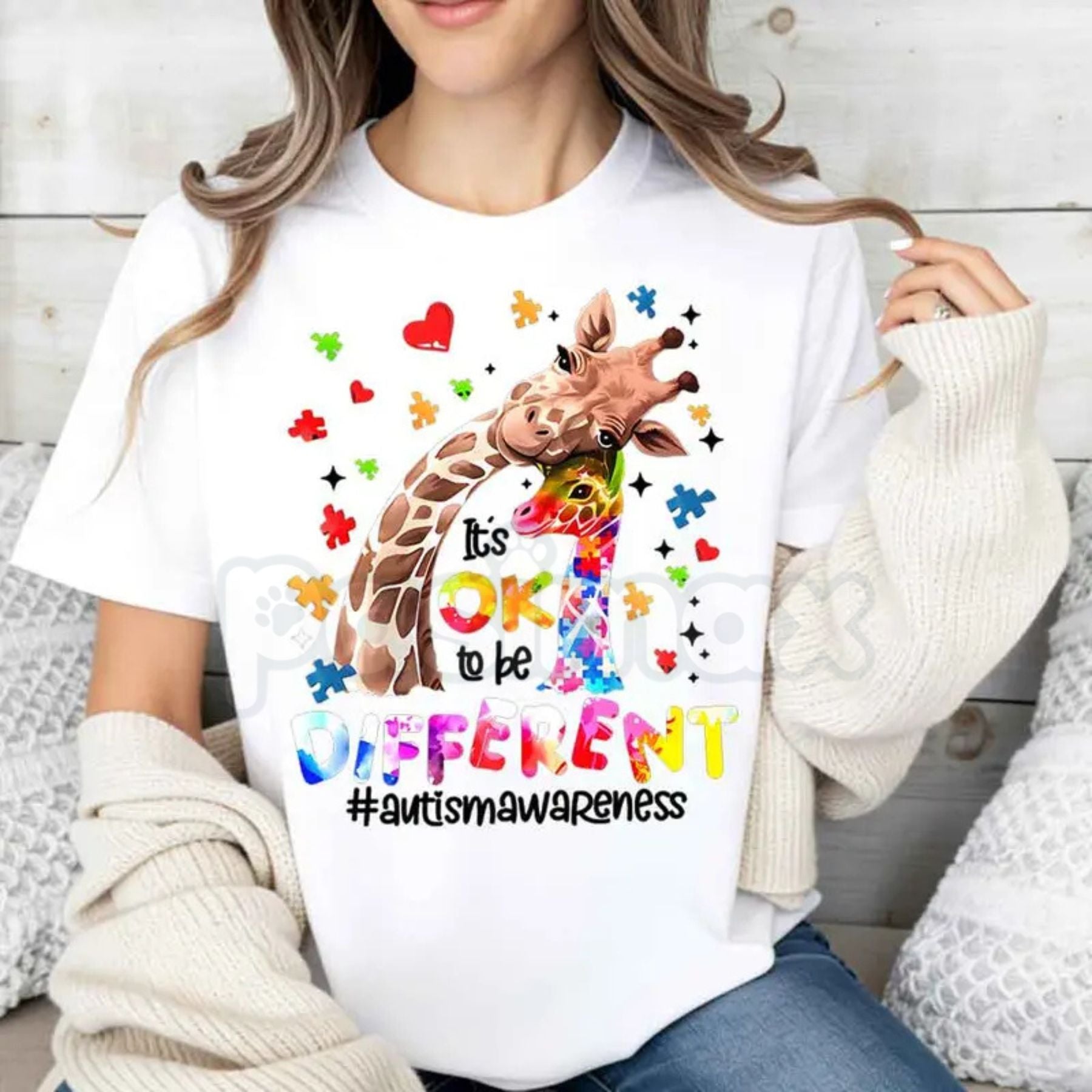 "Different is Beautiful" Artistic Giraffe T-Shirt – Autism Awareness Hearts & Puzzle Print, Premium 100% Cotton Neurodiversity Top, Soft Lived-In Heavyweight Women's Advocacy Wear, Made in USA - P's One-Stop Shop 