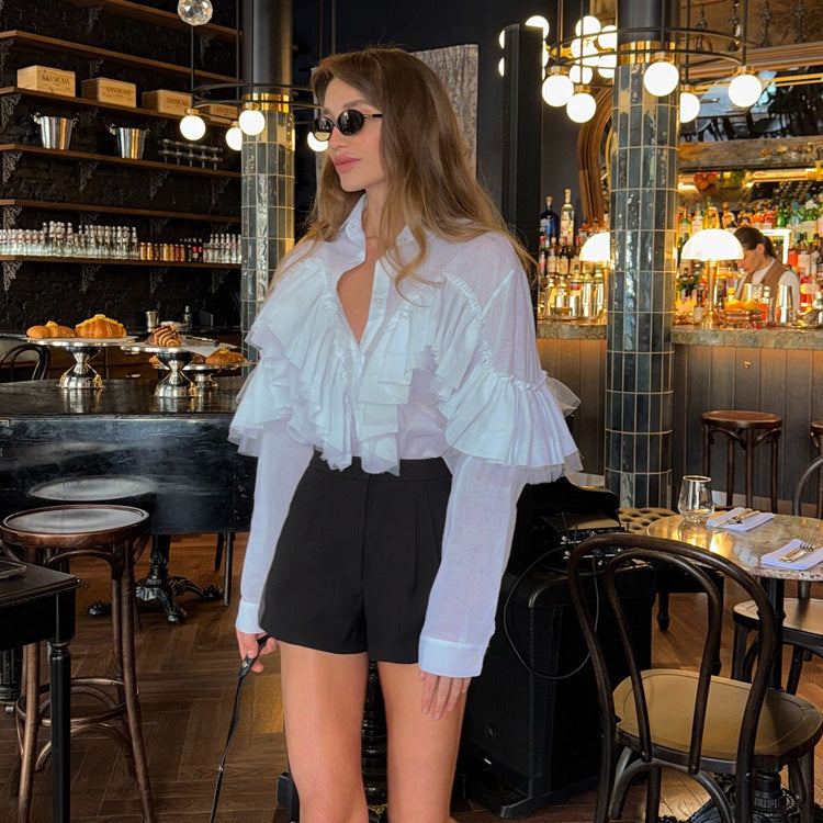French Design Ruffled White Shirt Women Autumn Polo Collar Long Sleeve Office All Match Top - P's One-Stop Shop 
