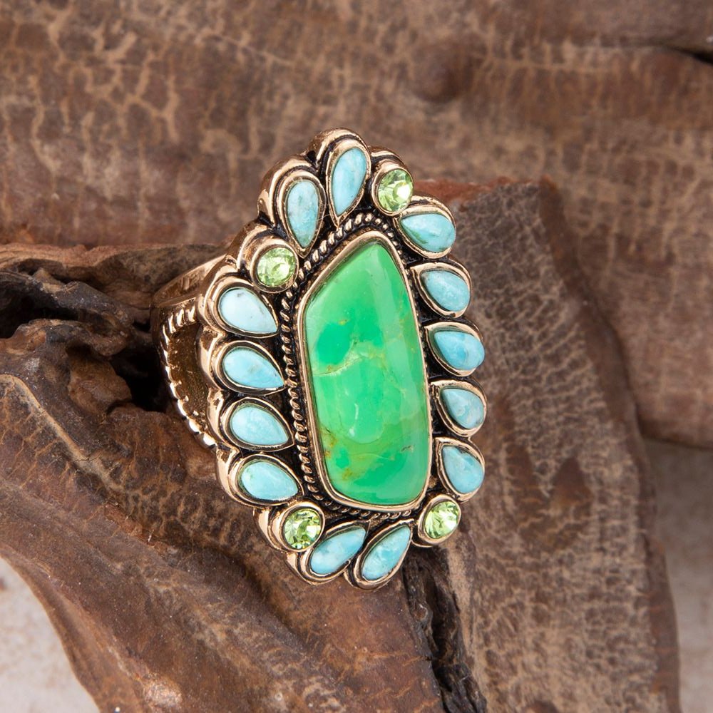 Legacy Lime Green and Blue Turquoise Golden Statement Ring - P's One-Stop Shop 