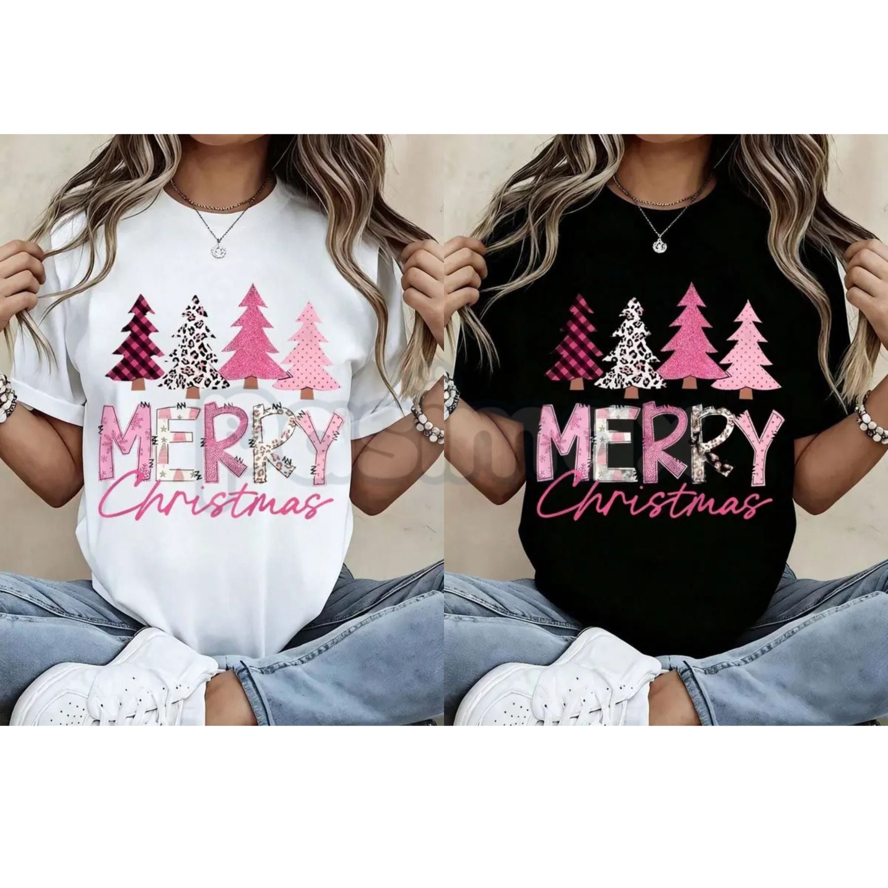 Leopard Print Pink Plaid Christmas Trees T-Shirt - Glam Holiday Statement Tee, Maximalist Festive Fashion for Women, Edgy Seasonal Graphic - P's One-Stop Shop 