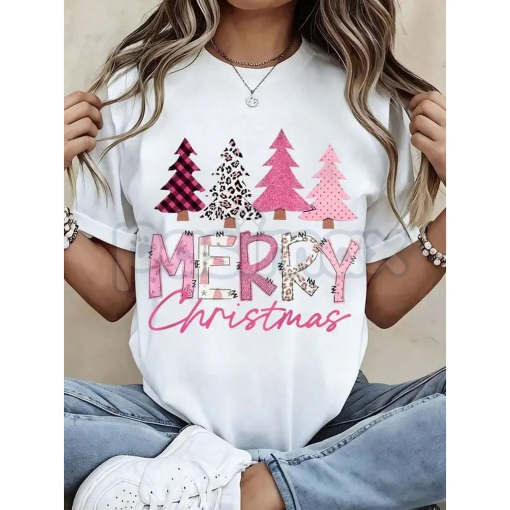 Leopard Print Pink Plaid Christmas Trees T-Shirt - Glam Holiday Statement Tee, Maximalist Festive Fashion for Women, Edgy Seasonal Graphic - P's One-Stop Shop 