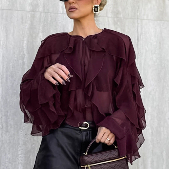 Light Luxury High Grade French Small Shirt Layered Ruffled Chiffon Blouses Women - P's One-Stop Shop 