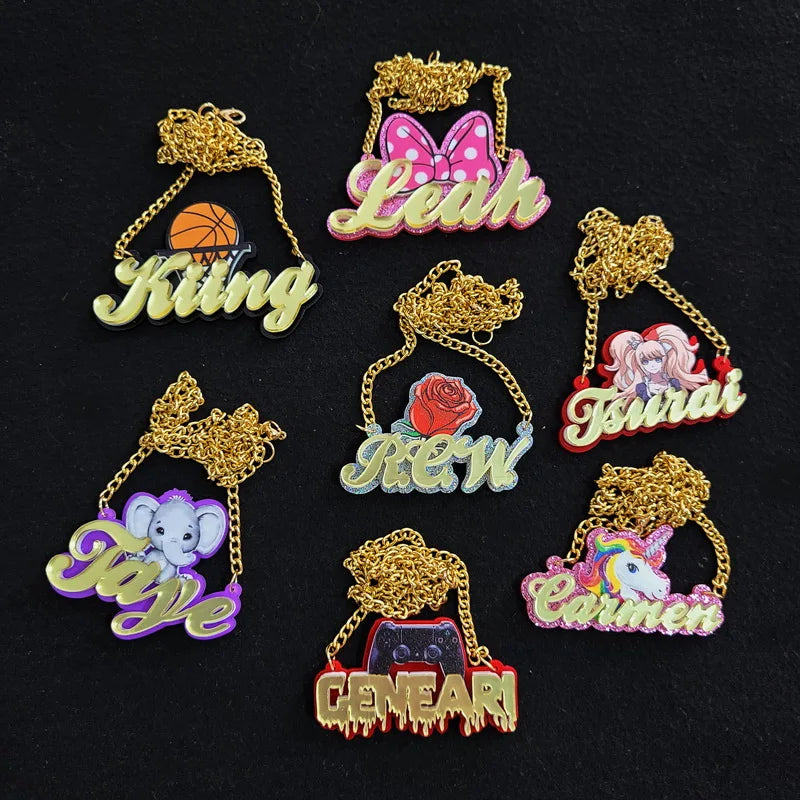 Personalised Kids Pendants acrylic Any Cartoon Character Nameplate Necklaces - P's One-Stop Shop 