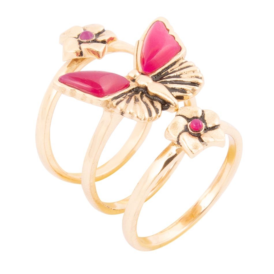 Pink Fuchsia Agate Golden Butterflies Triple Ring Set - P's One-Stop Shop 