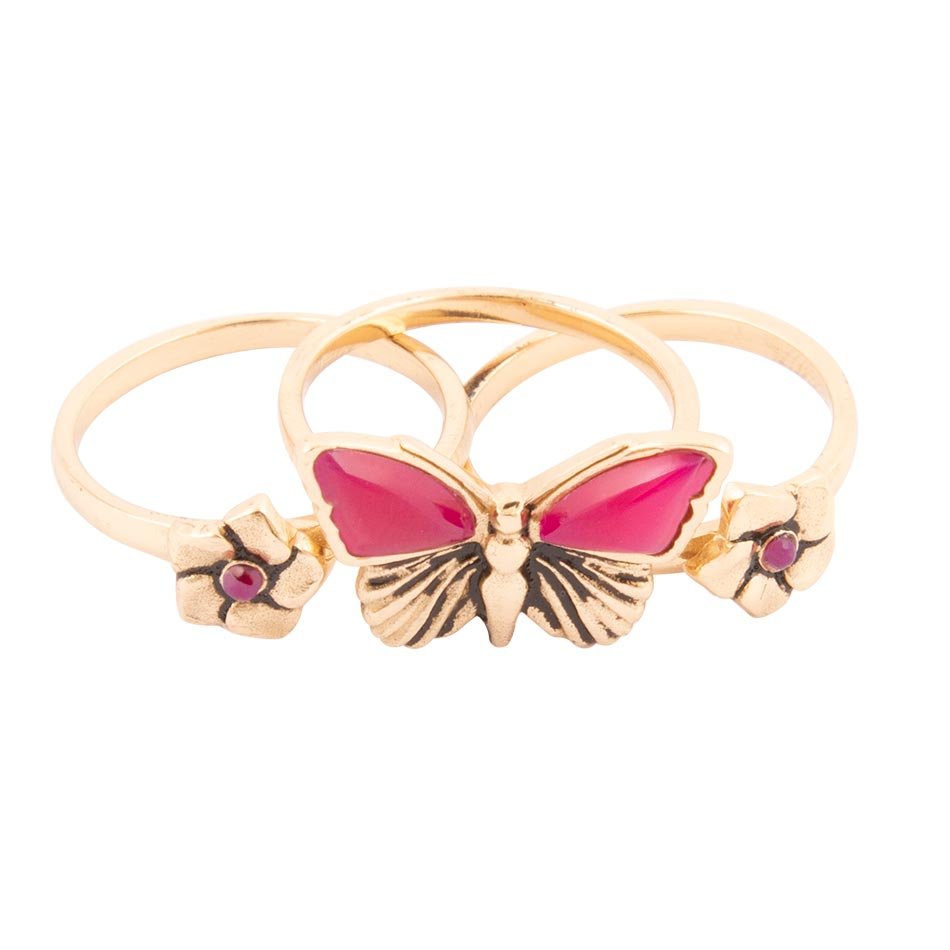 Pink Fuchsia Agate Golden Butterflies Triple Ring Set - P's One-Stop Shop 