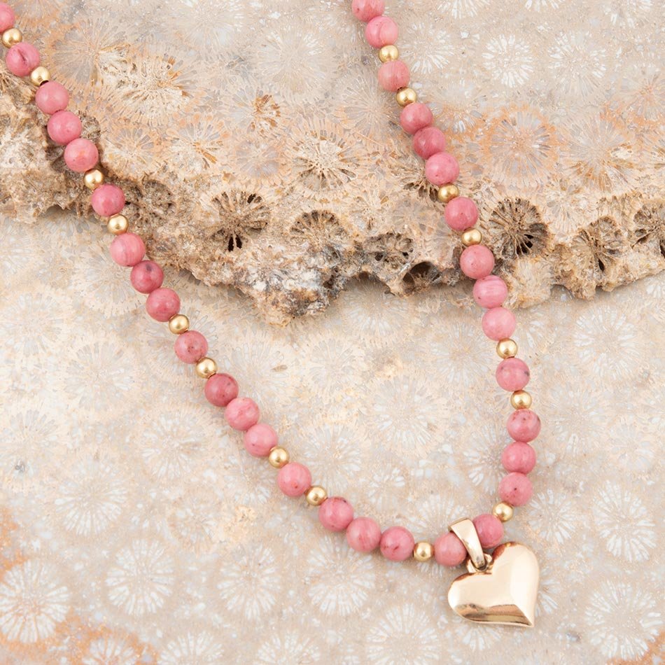 Pink Rhodonite and Golden Bronze Heart Pendant Necklace - P's One-Stop Shop 