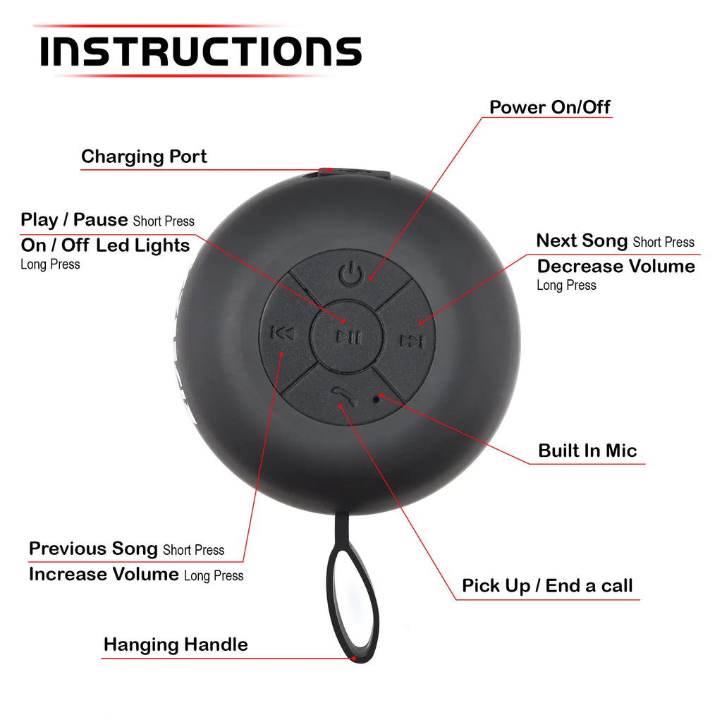 RISEBASS Water Resistant Bluetooth Shower Speaker, Handsfree Portable Speakerphone Control Buttons with LED Light, True Wireless Stereo for Bathroom, Kitchen, Hiking, Kayak, Beach, Gifts - P's One-Stop Shop 