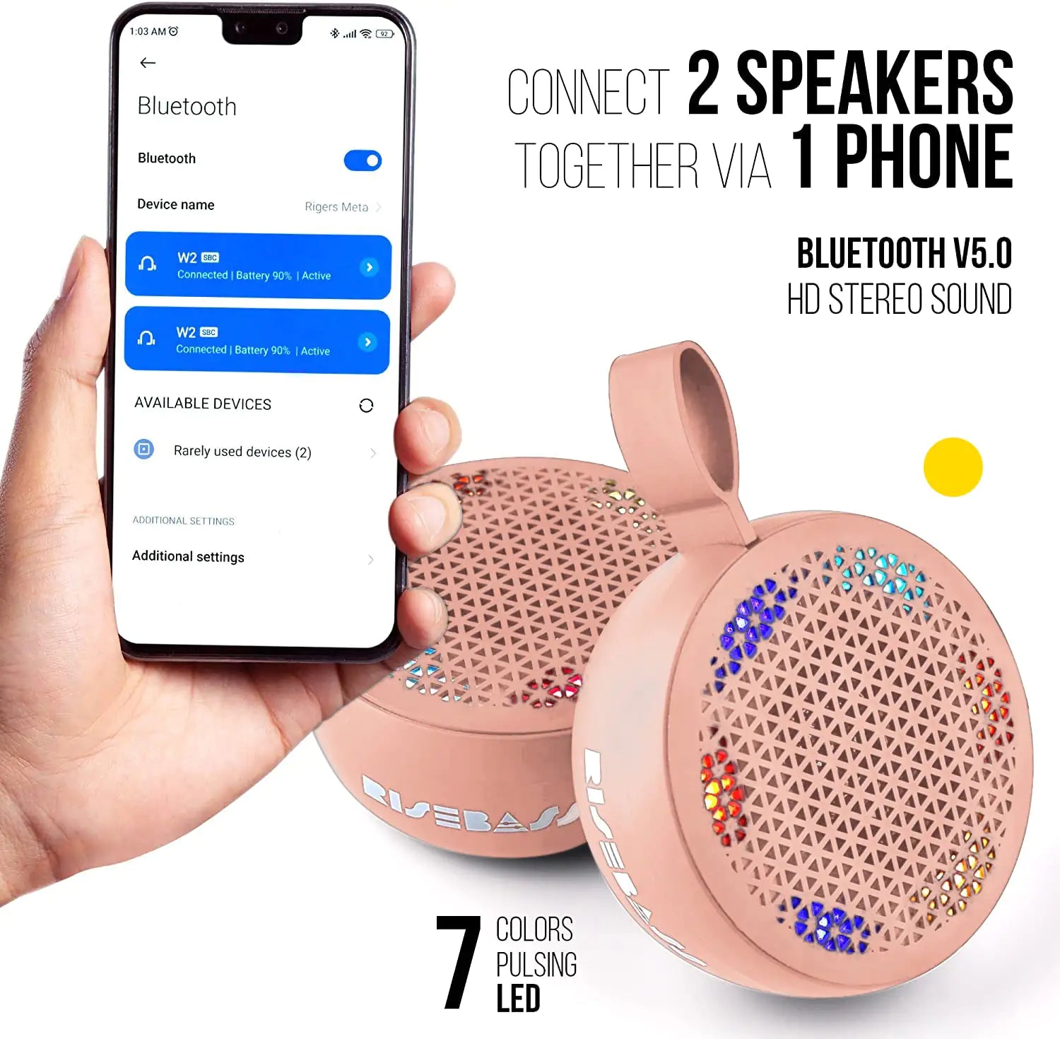 RISEBASS Water Resistant Bluetooth Shower Speaker, Handsfree Portable Speakerphone Control Buttons with LED Light, True Wireless Stereo for Bathroom, Kitchen, Hiking, Kayak, Beach, Gifts - P's One-Stop Shop 