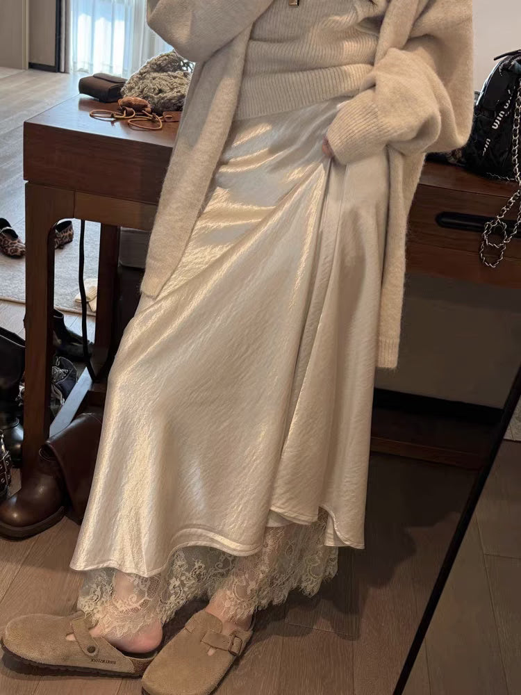 Satin Acetate Lace Patchwork Slit Skirt Long Skirt - P's One-Stop Shop 