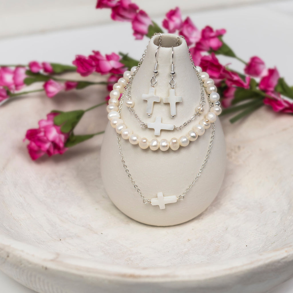 Silver-Plated Pearl Cross Earrings - Hypoallergenic & Stylish - P's One-Stop Shop 