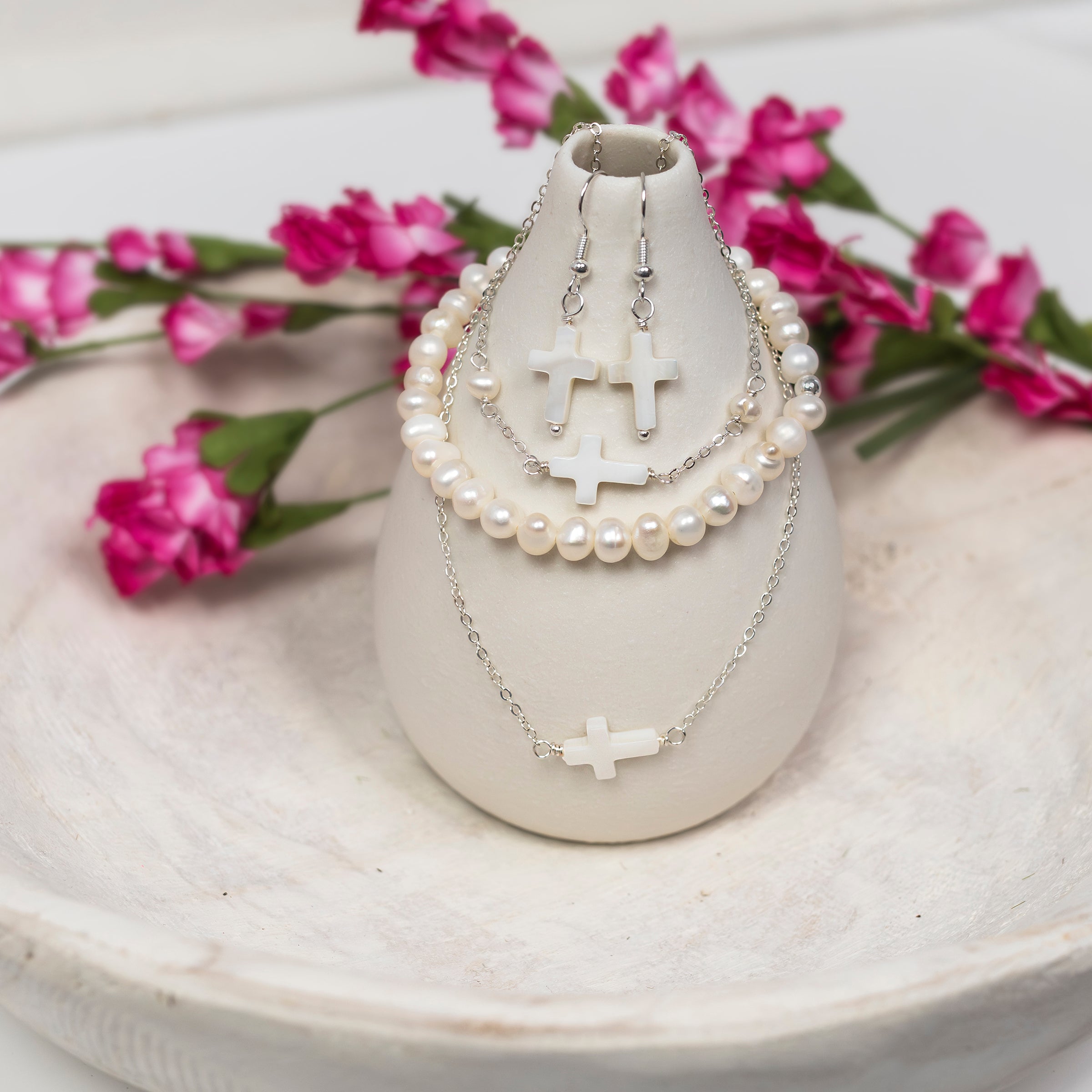 Silver-Plated Pearl Cross Earrings - Hypoallergenic & Stylish - P's One-Stop Shop 