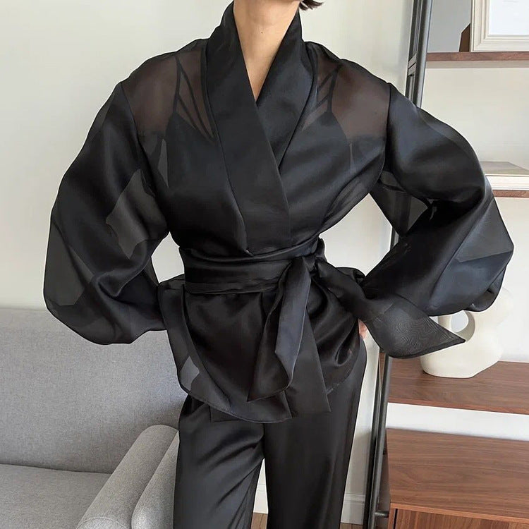 Spring French Black See through Shirt Women Puff Sleeve V neck Lace up Top - P's One-Stop Shop 