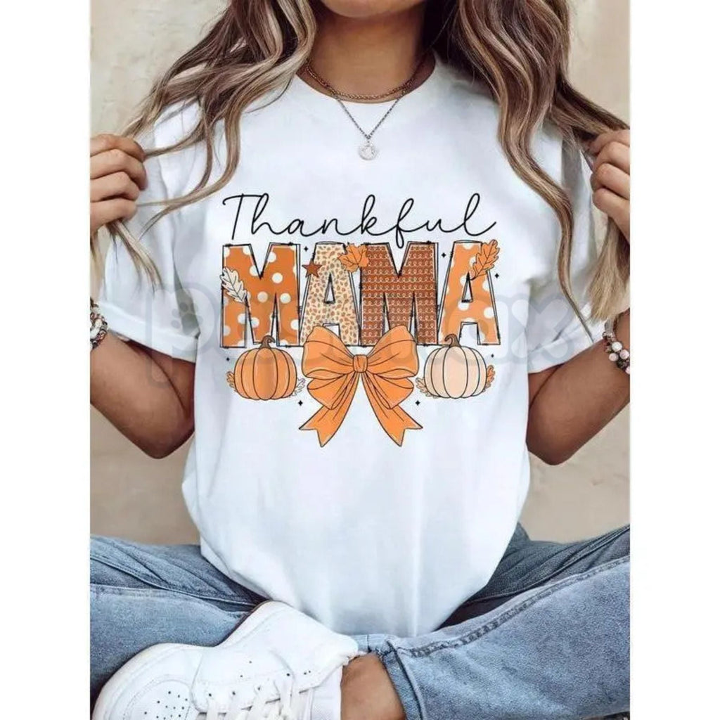 Thankful Mama Coquette Thanksgiving T-Shirt - Pumpkin Spice Fall Graphic Tee, Trendy Women's Holiday Shirt, Coquette Aesthetic Top - P's One-Stop Shop 