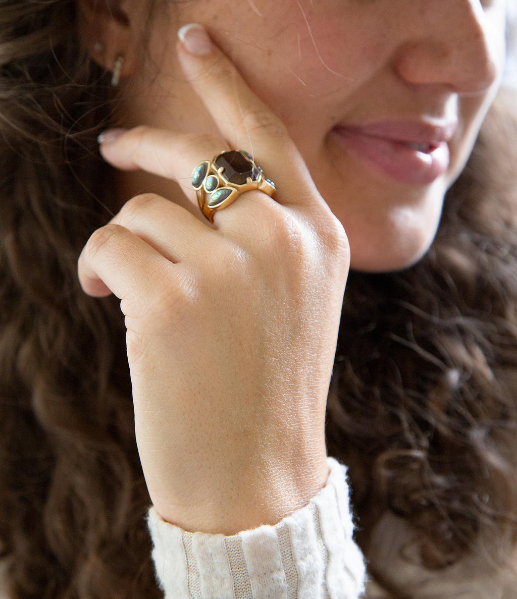 Tribecca Smoky Brown Quartz and Abalone Statement Golden Ring - P's One-Stop Shop 