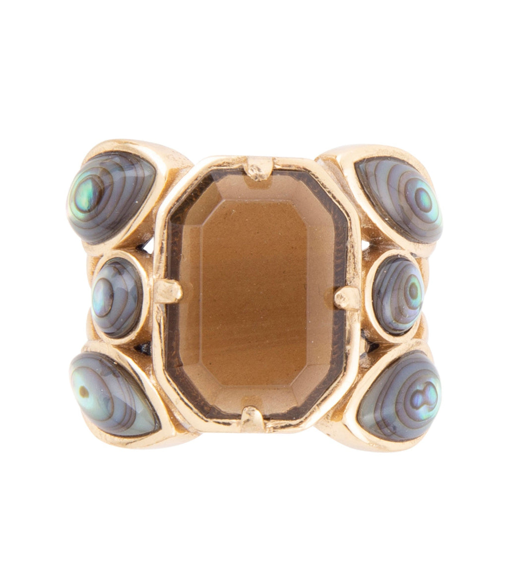Tribecca Smoky Brown Quartz and Abalone Statement Golden Ring - P's One-Stop Shop 