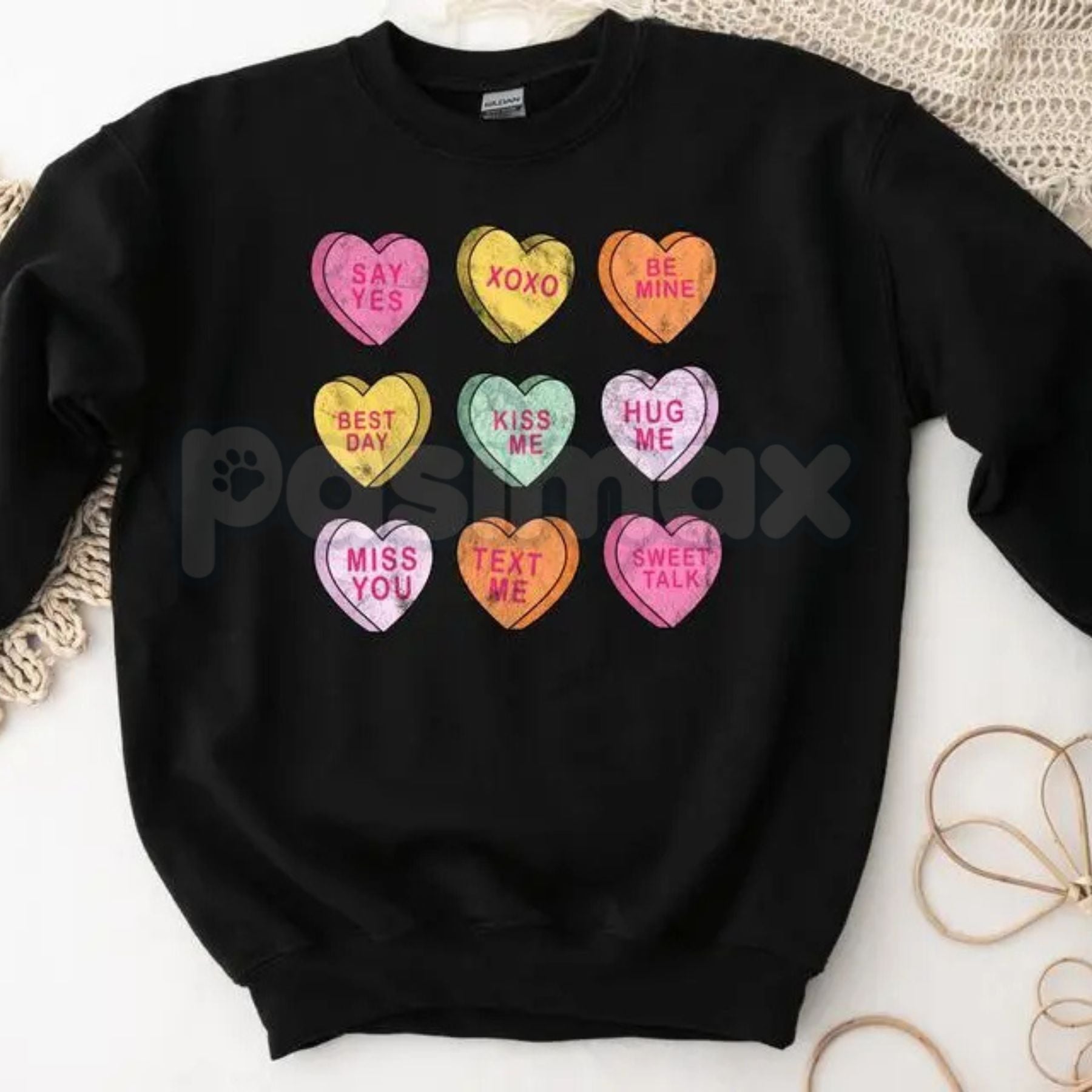 Valentine’s Day Conversation Hearts Sweatshirt | Cute Pastel Heart Shirt | Cozy Valentines Crewneck for Women | Romantic Gift for Her | Trendy Holiday Outfit - P's One-Stop Shop 
