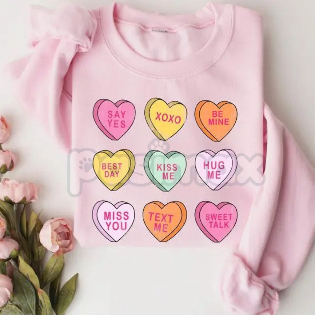 Valentine’s Day Conversation Hearts Sweatshirt | Cute Pastel Heart Shirt | Cozy Valentines Crewneck for Women | Romantic Gift for Her | Trendy Holiday Outfit - P's One-Stop Shop 