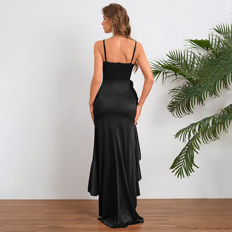 Women Autumn Slit Sexy Spaghetti Strap Ruffle Dress - P's One-Stop Shop 