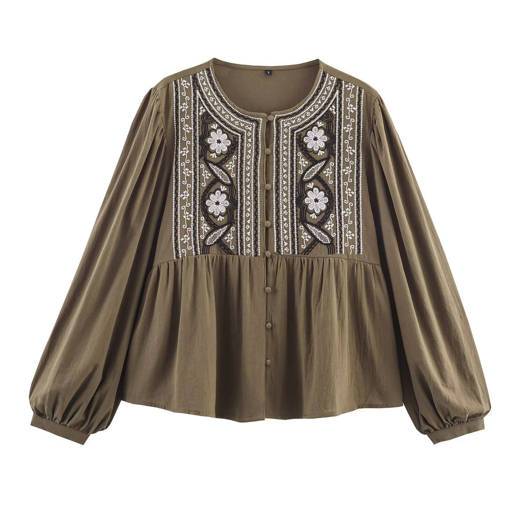 Women Clothing Autumn Artistic Ethnic Chest Embroidered round Neck Shirt - P's One-Stop Shop 