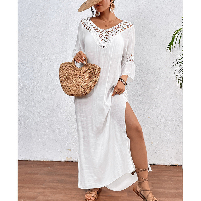Women Clothing Hand Crocheting Stitching Colorful Ball Sexy Hollow Out Cutout out Backless Loose Beach Long Overskirt - P's One-Stop Shop 