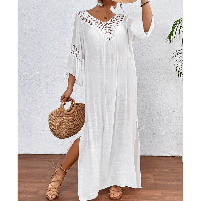 Women Clothing Hand Crocheting Stitching Colorful Ball Sexy Hollow Out Cutout out Backless Loose Beach Long Overskirt - P's One-Stop Shop 
