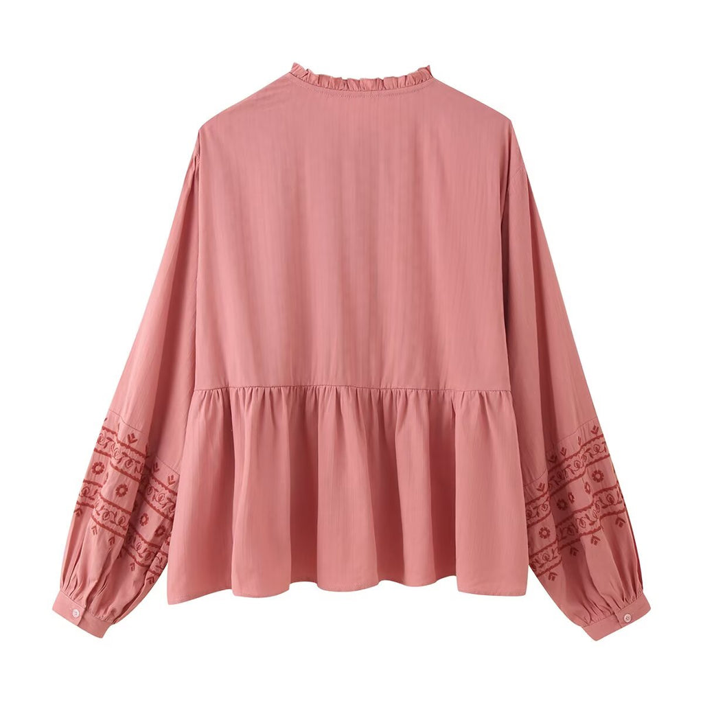 Women Clothing Long Sleeve Contrast Color Embroidered Shirt - P's One-Stop Shop 