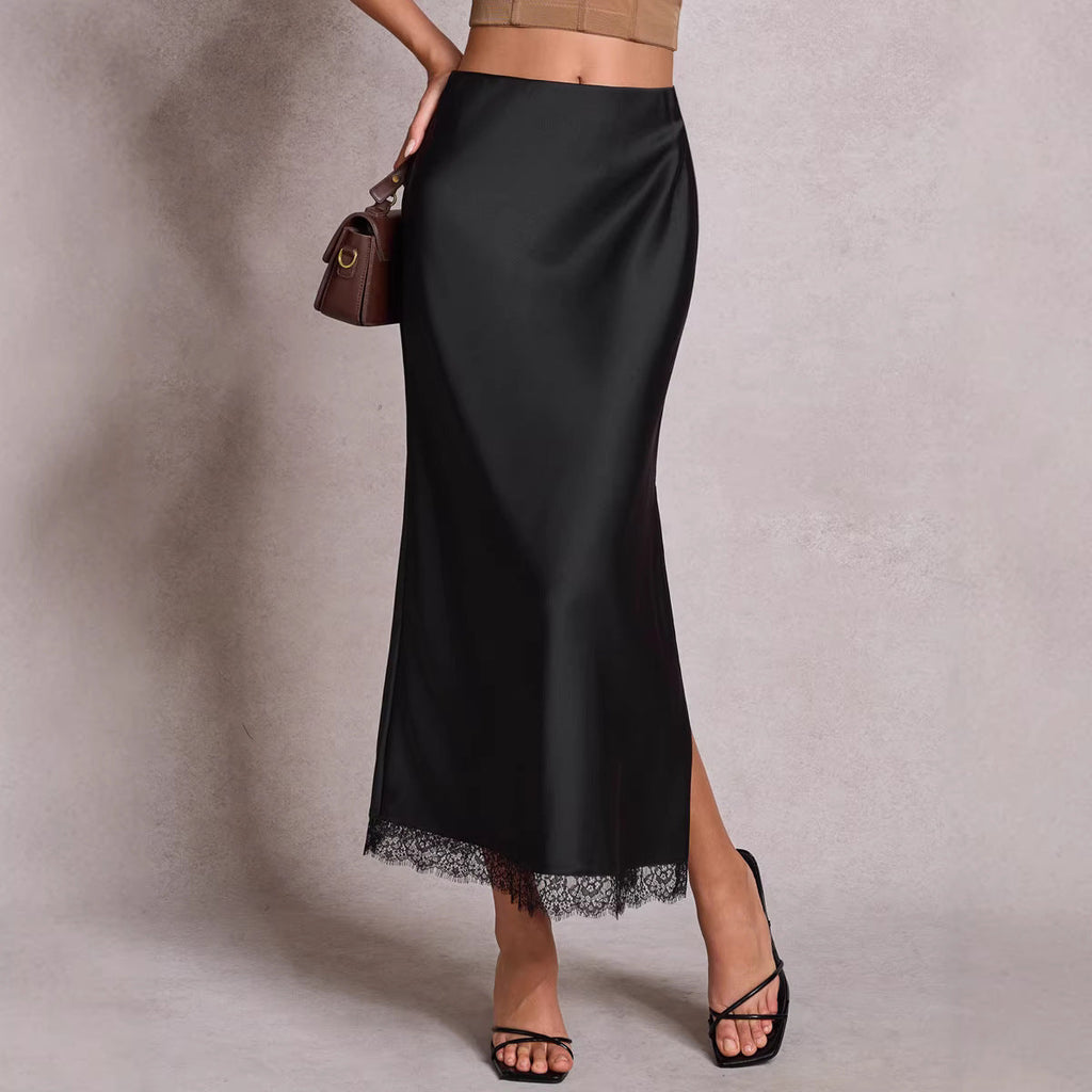 Women Clothing Satin Skirt Lace Split High Waist Elastic Sexy Sheath Skirt - P's One-Stop Shop 