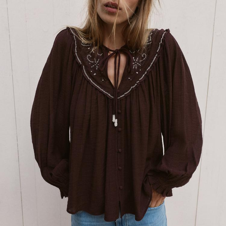 Women Long Sleeve Casual Beaded Embroidered Shirt - P's One-Stop Shop 