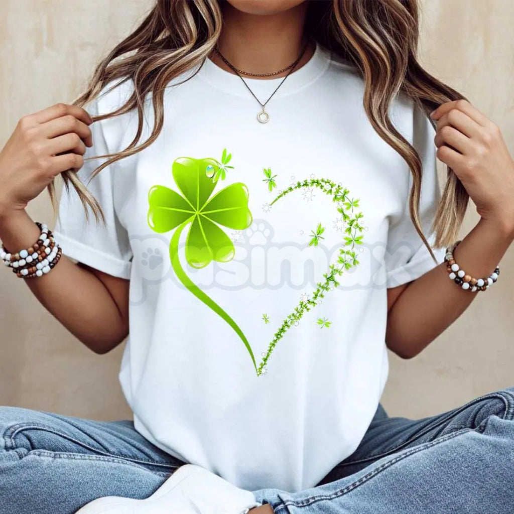 Four Leaf Clover Heart St. Patrick's Day T-Shirt - Lucky Clover Heart Graphic Tee, Premium 100% Cotton Crew Neck Celebration Top, Cute Irish Pride Heart Shirt, St. Paddy's Day Women's Fashion, Soft Lived-In Festive Holiday Apparel - P's One-Stop Shop 